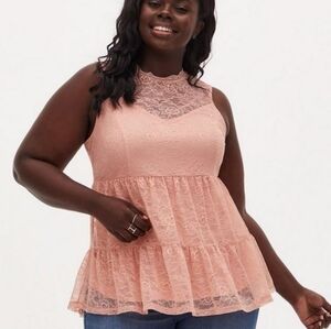Torrid Blush Pink Lace Mock Neck Tiered Tank Top 0X Romantic Sleeveless Plus SZ